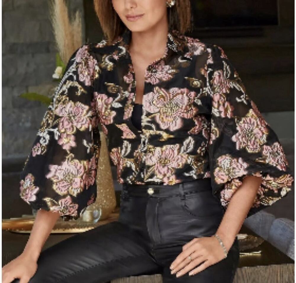 Boston Proper Mesh Blouse Balloon Sleeves Floral Burnout Foil Pattern XL Sheer
